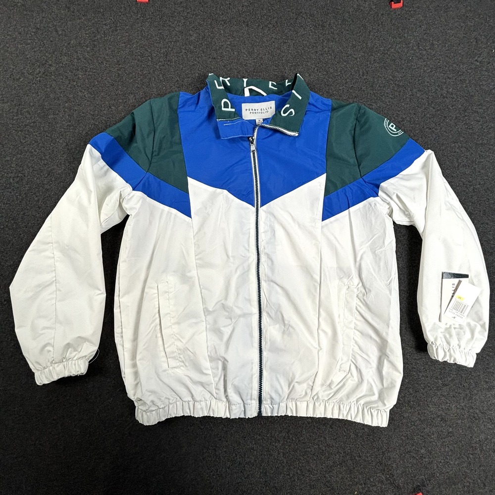 Vintage Perry Ellis Portfolio Mens Colorblock Windbreaker Jacket White Blue M